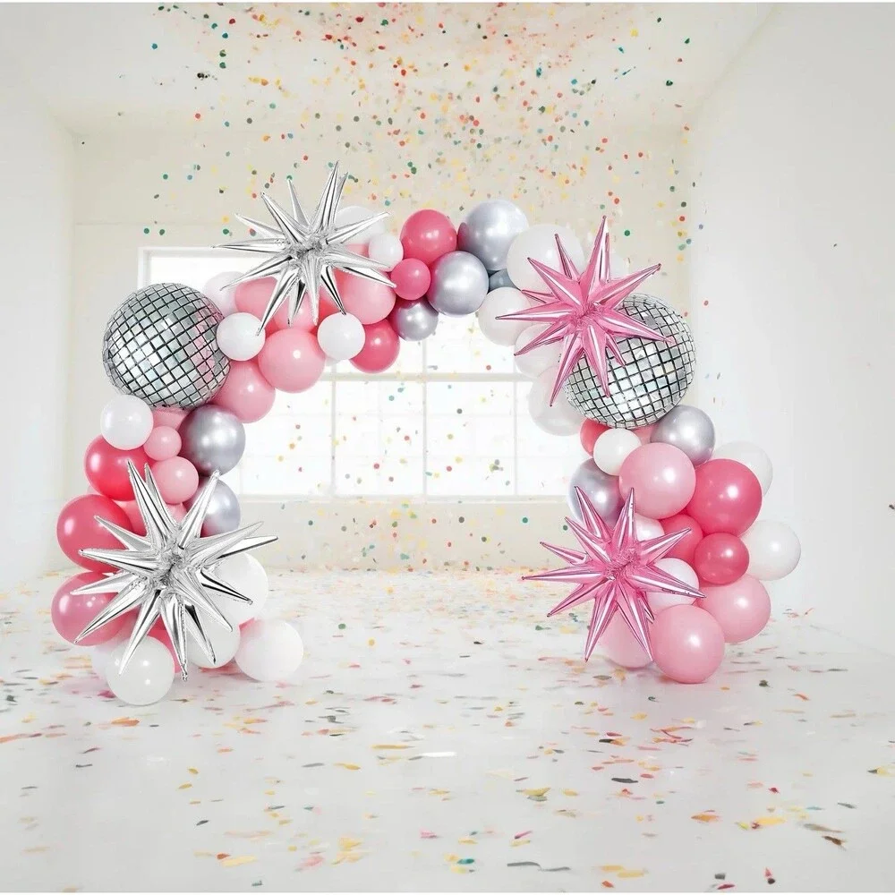 Pink/Silver/White Disco Balloon Arch Garland 131 Pieces Starburst Foil Party NEW